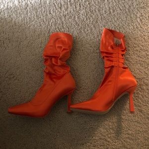 SIMMI SHOES Pretty Ruched Orange Satin Ankle Boots